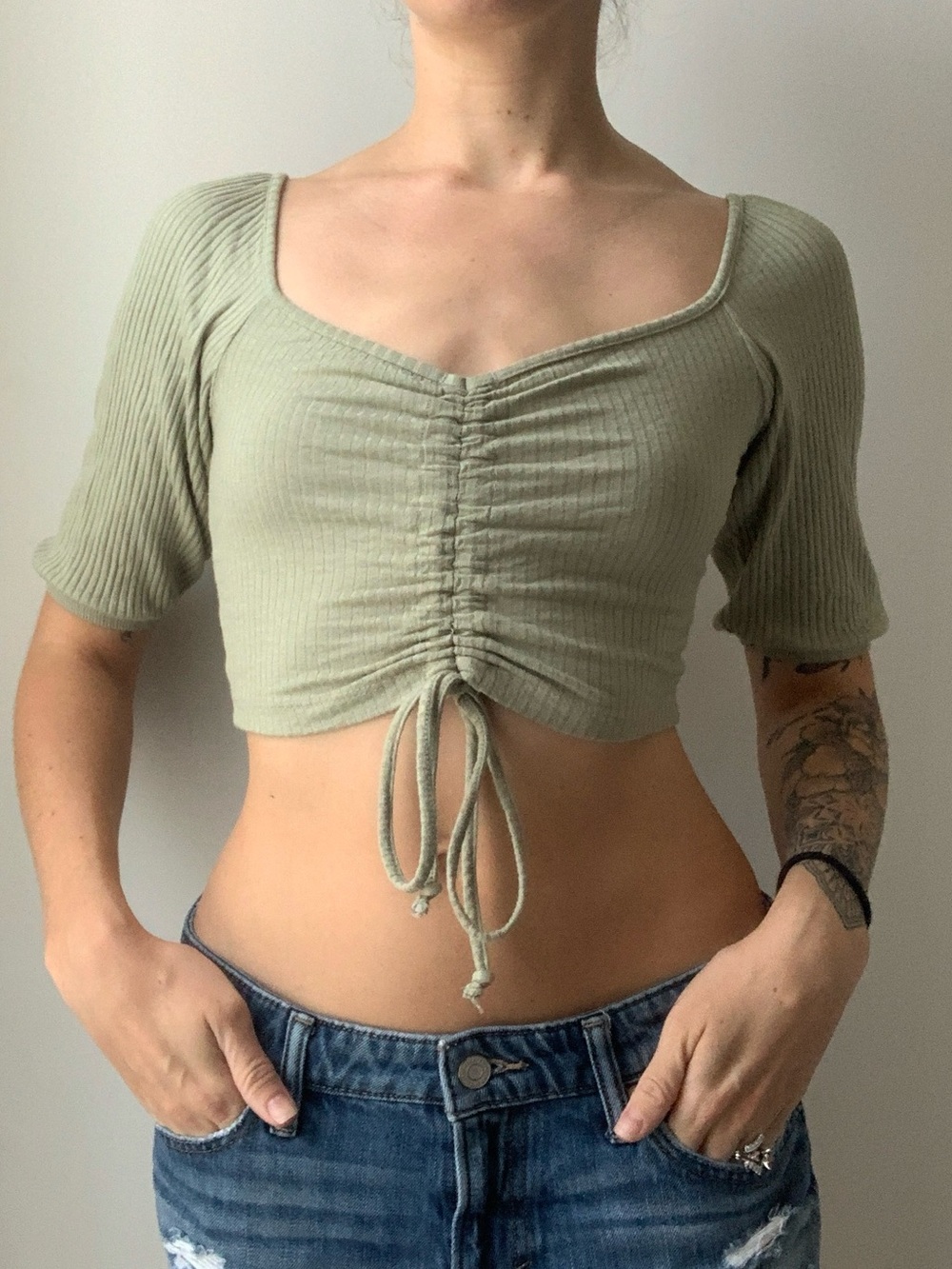 Sage Green Quarter Sleeve Crop Top